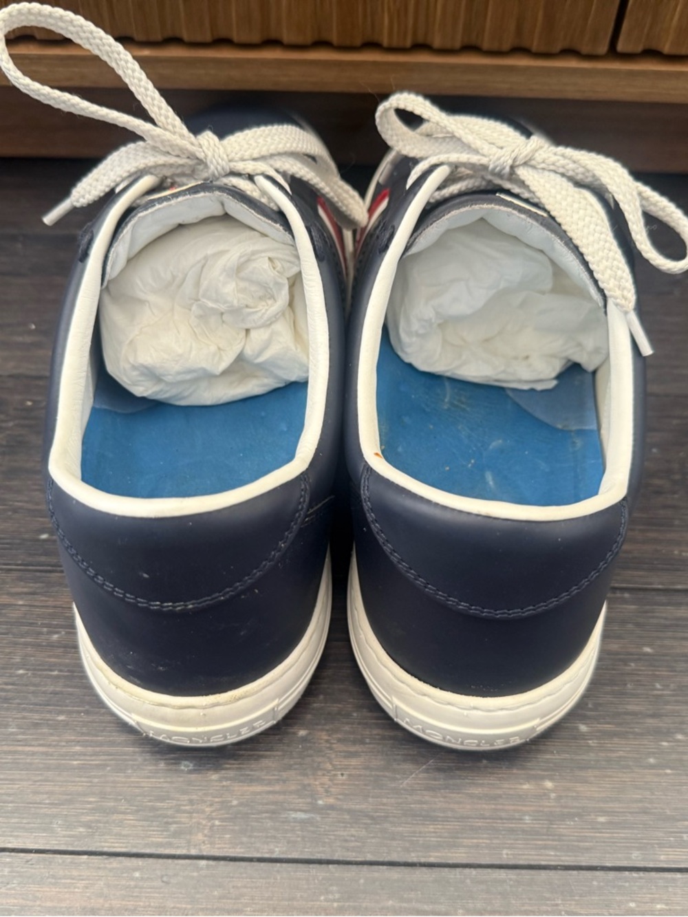 AUTHENTIC MONCLER MENS NEW MONACO LEATHER SNEAKERS, SIZE EU 43.5 (US 10.5), NAVY - Picture 13 of 16